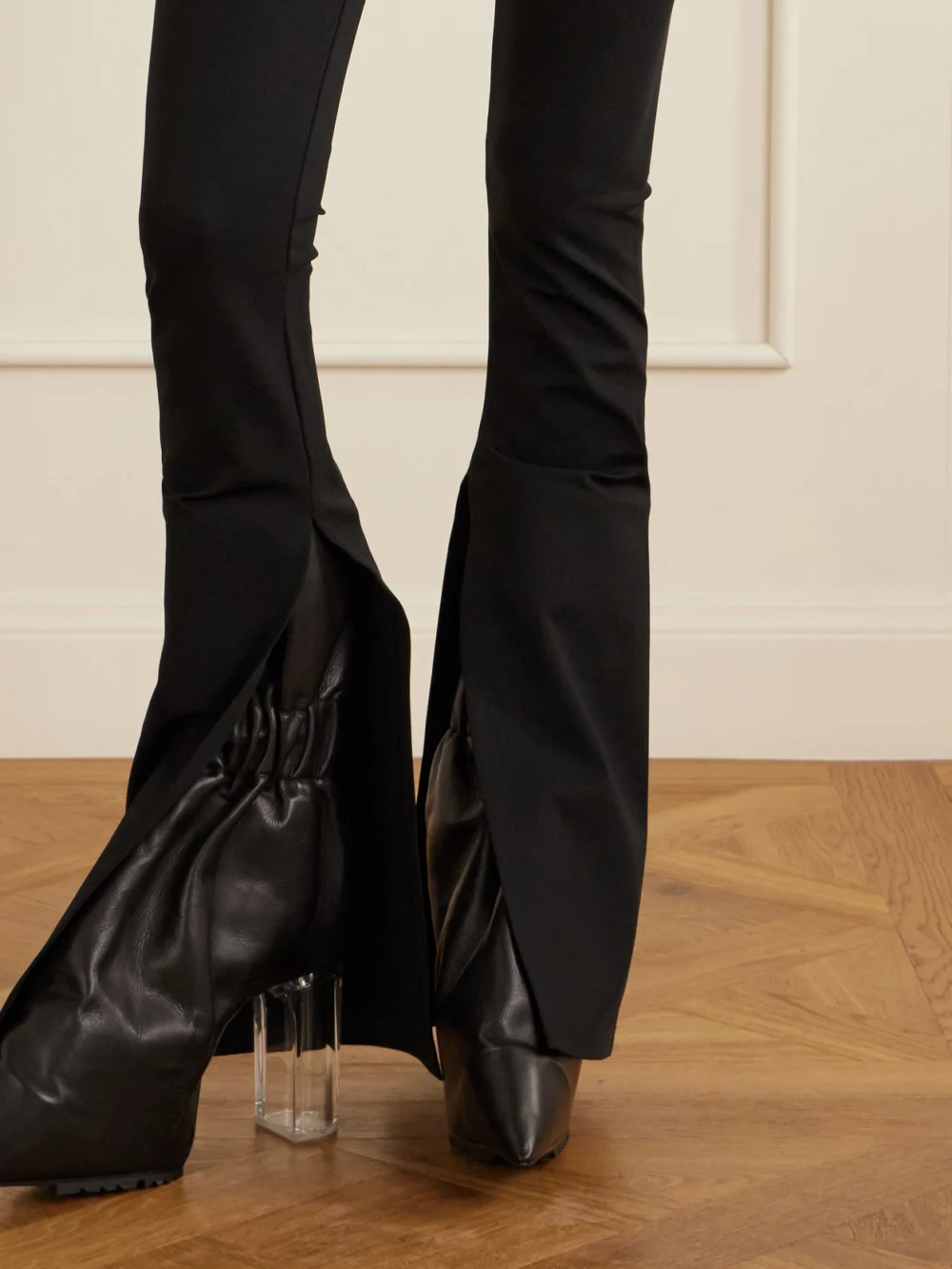 Close-up detail of the Rick Owens Carmen Jersey Flared Trousers