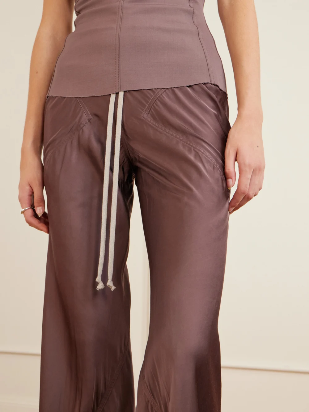 Close-up detail of the Rick Owens Charmeuse Wide-leg Pants