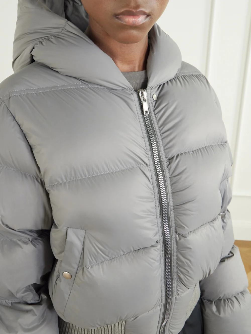 Close-up detail of the Rick Owens Cinched Hooded Cropped Shell Jacket