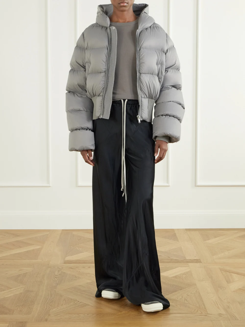 Rick Owens Cinched Hooded Cropped Shell Jacket, worn by a model