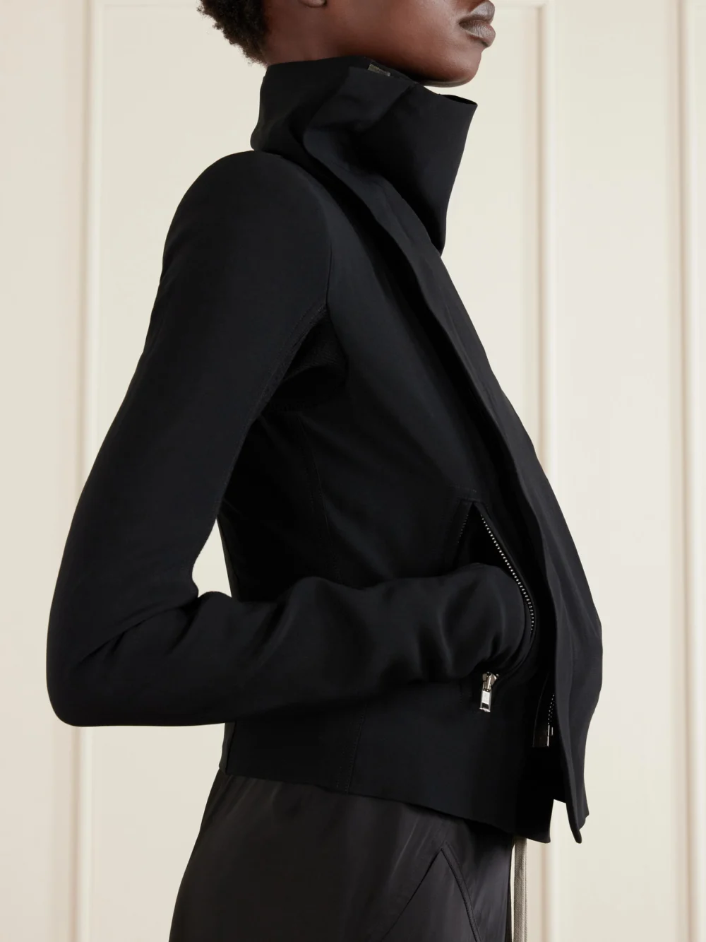 Close-up detail of the Rick Owens Classic Cady Biker Jacket