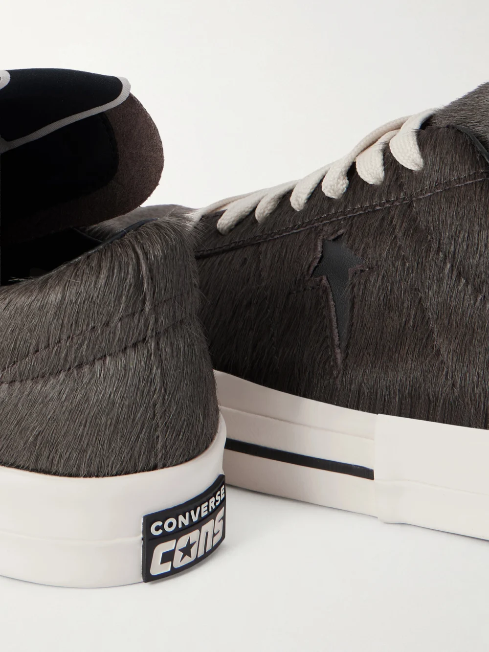 Close-up detail of the Rick Owens + Converse Onestr Leather-trimmed Cow Hair Sneakers
