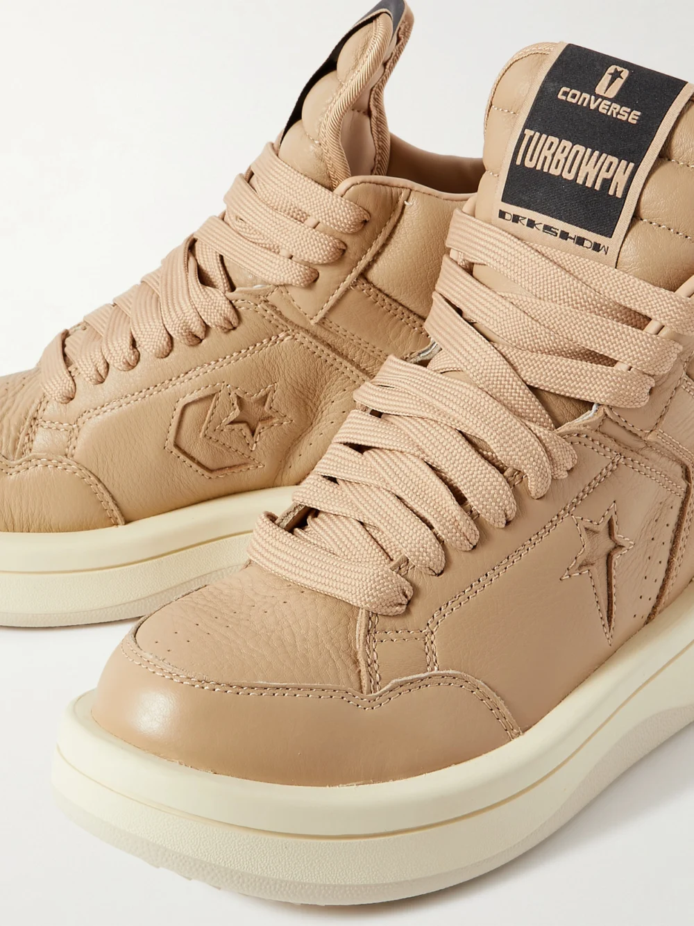 Close-up detail of the Rick Owens + Converse Turbowpn Leather High-top Sneakers