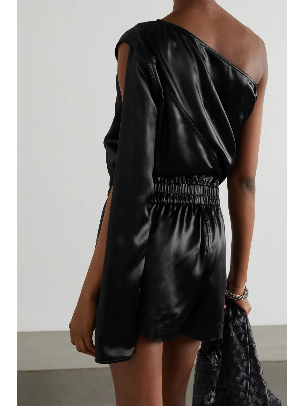 Back view of the Rick Owens Convertible One-sleeve Satin Playsuit