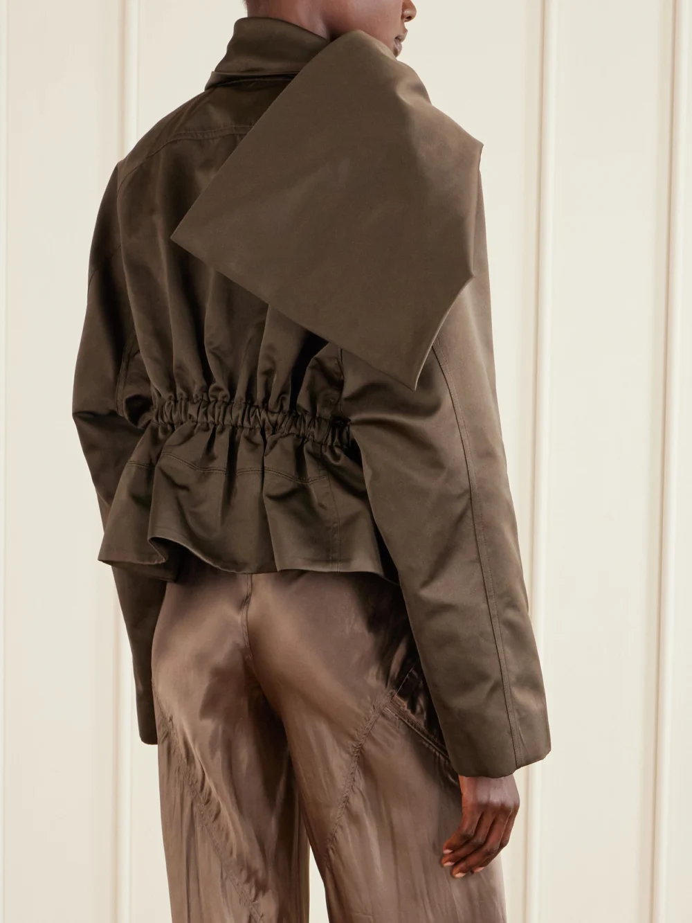 Back view of the Rick Owens Cropped Scarf Flight Satin-shell Jacket