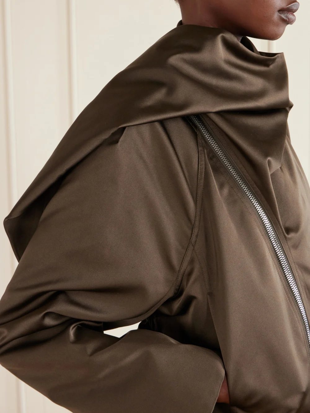 Close-up detail of the Rick Owens Cropped Scarf Flight Satin-shell Jacket