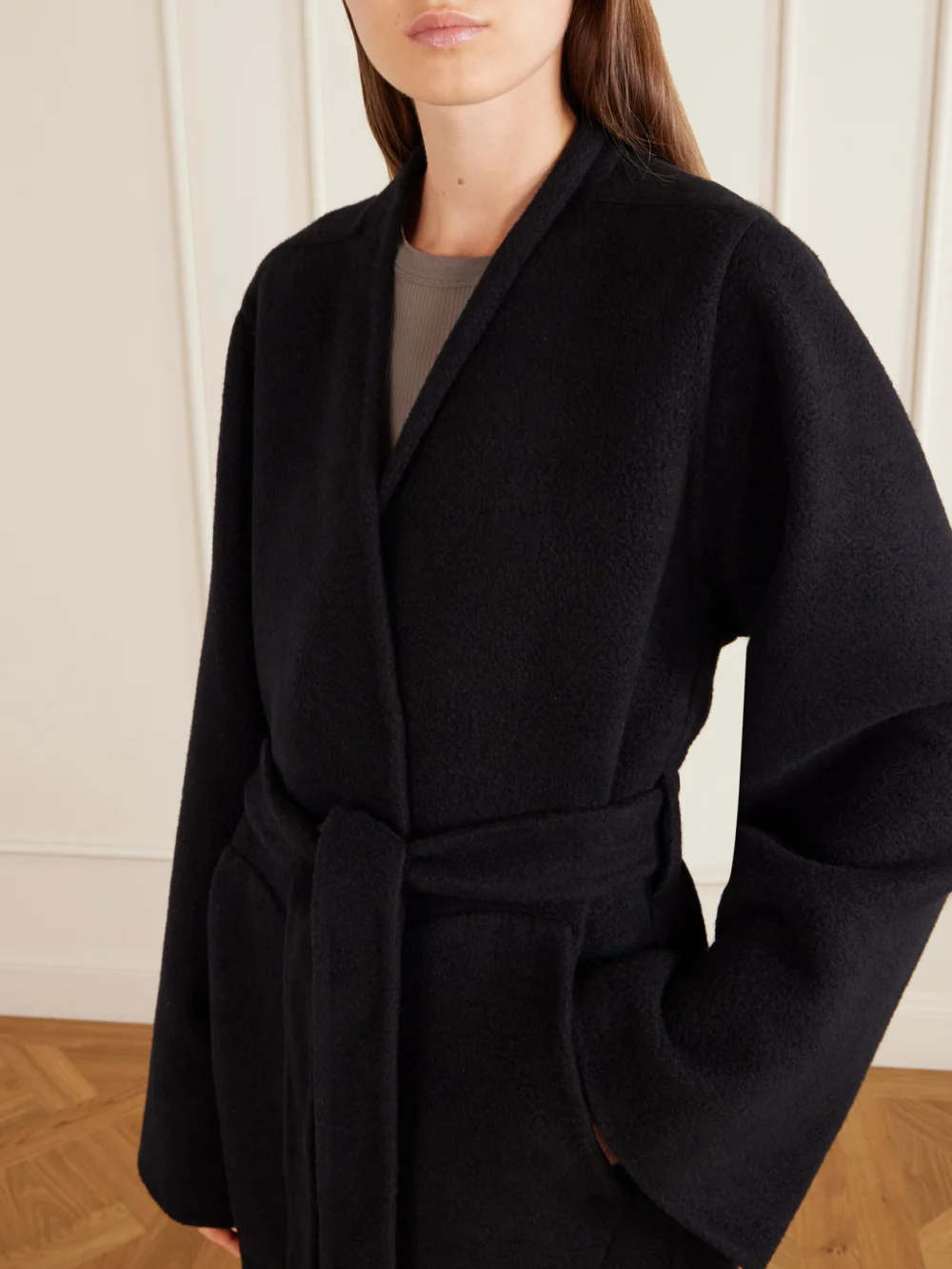 Close-up detail of the Rick Owens Dagger Belted Cashmere Coat