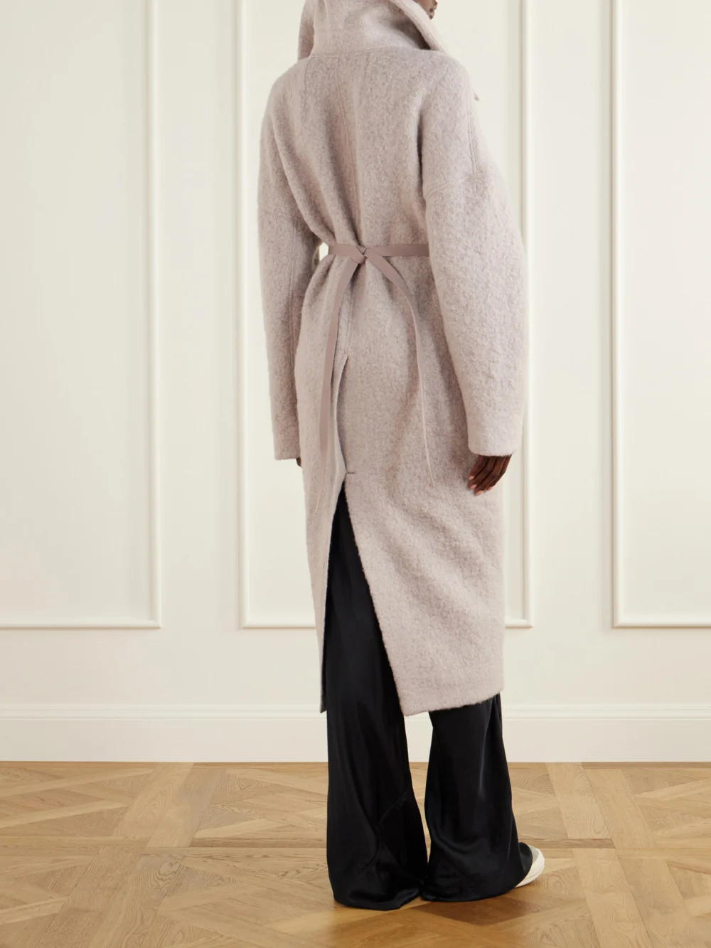Back view of the Rick Owens Dracucollar Belted Alpaca and Virgin Wool-blend Coat