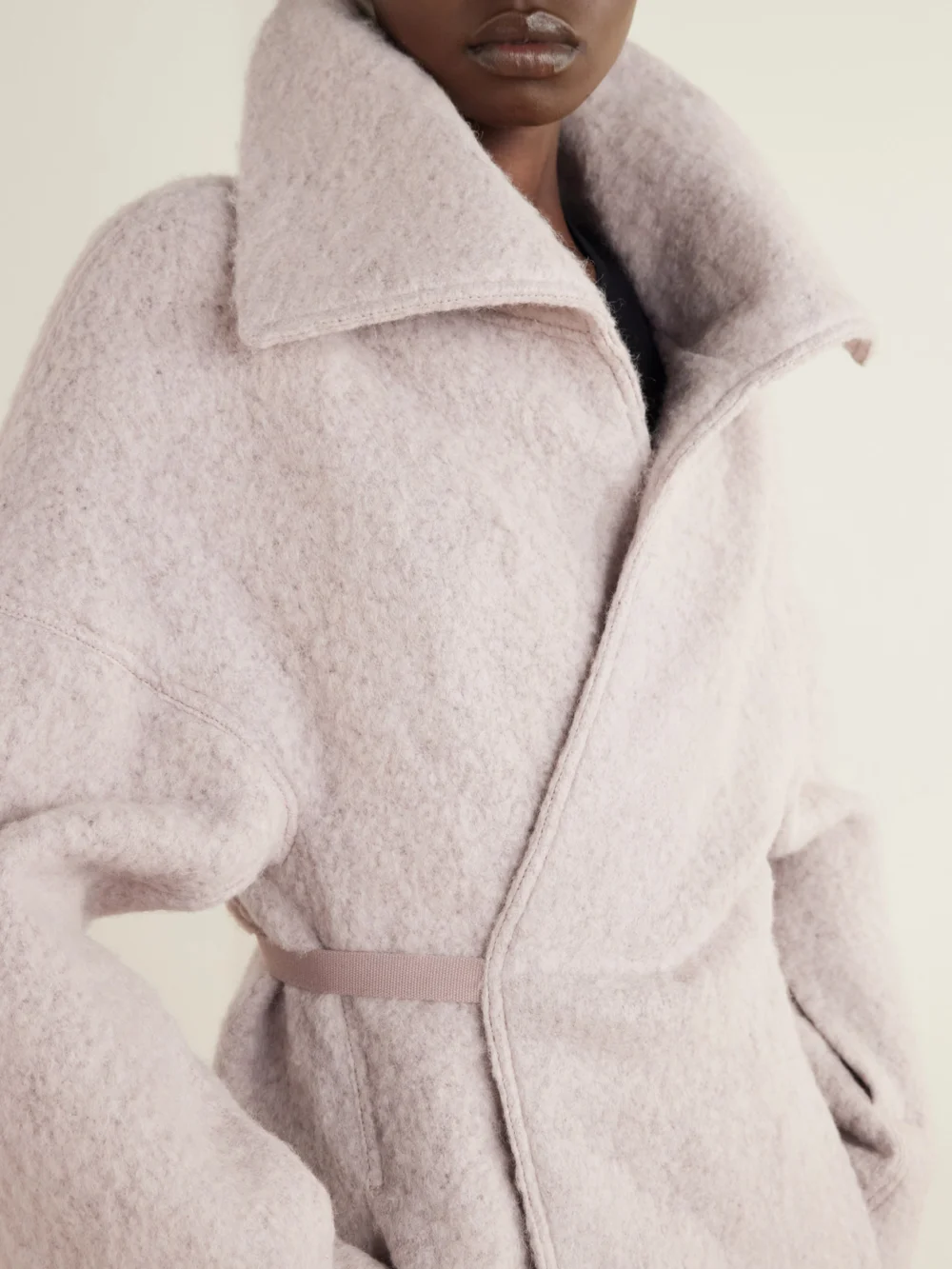 Close-up detail of the Rick Owens Dracucollar Belted Alpaca and Virgin Wool-blend Coat