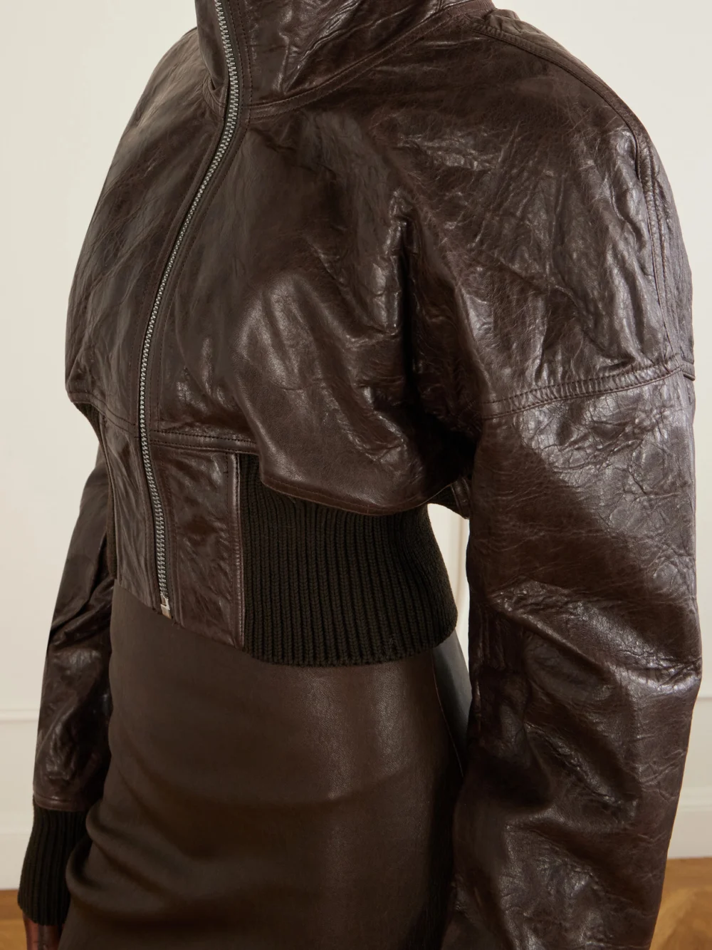 Close-up detail of the Rick Owens Dracuflight Textured-leather Jacket