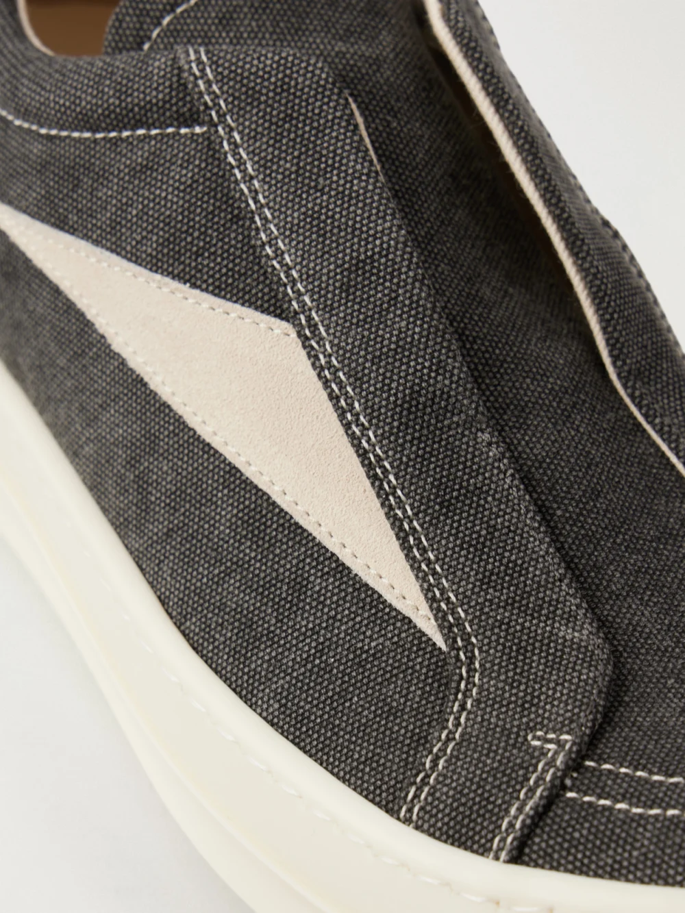 Close-up detail of the Rick Owens Drkshdw Laceless Vintage Suede-trimmed Canvas Sneakers