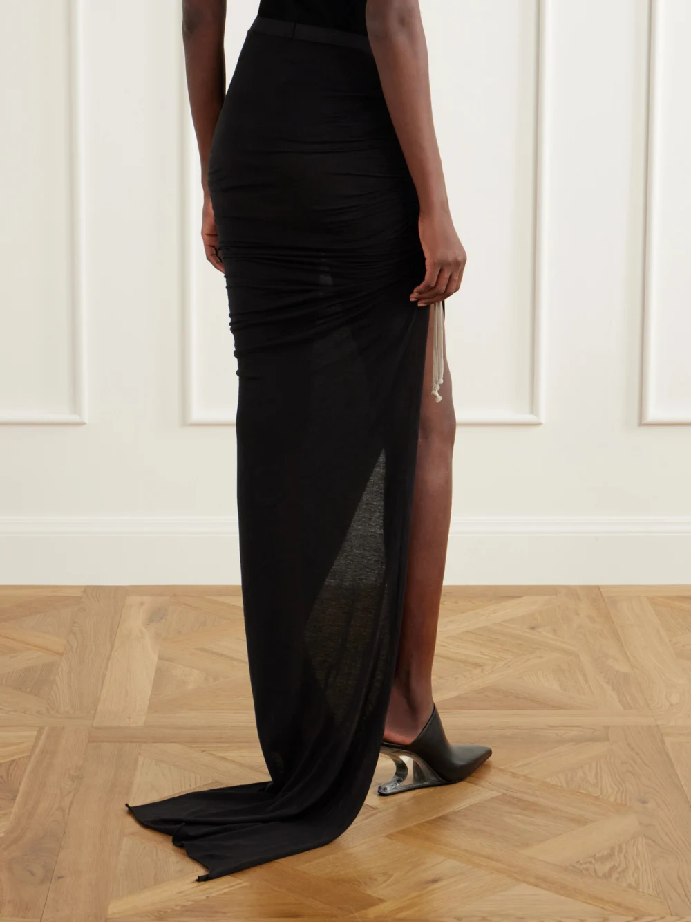 Back view of the Rick Owens Drkshdw Ruched Cotton-jersey Maxi Skirt