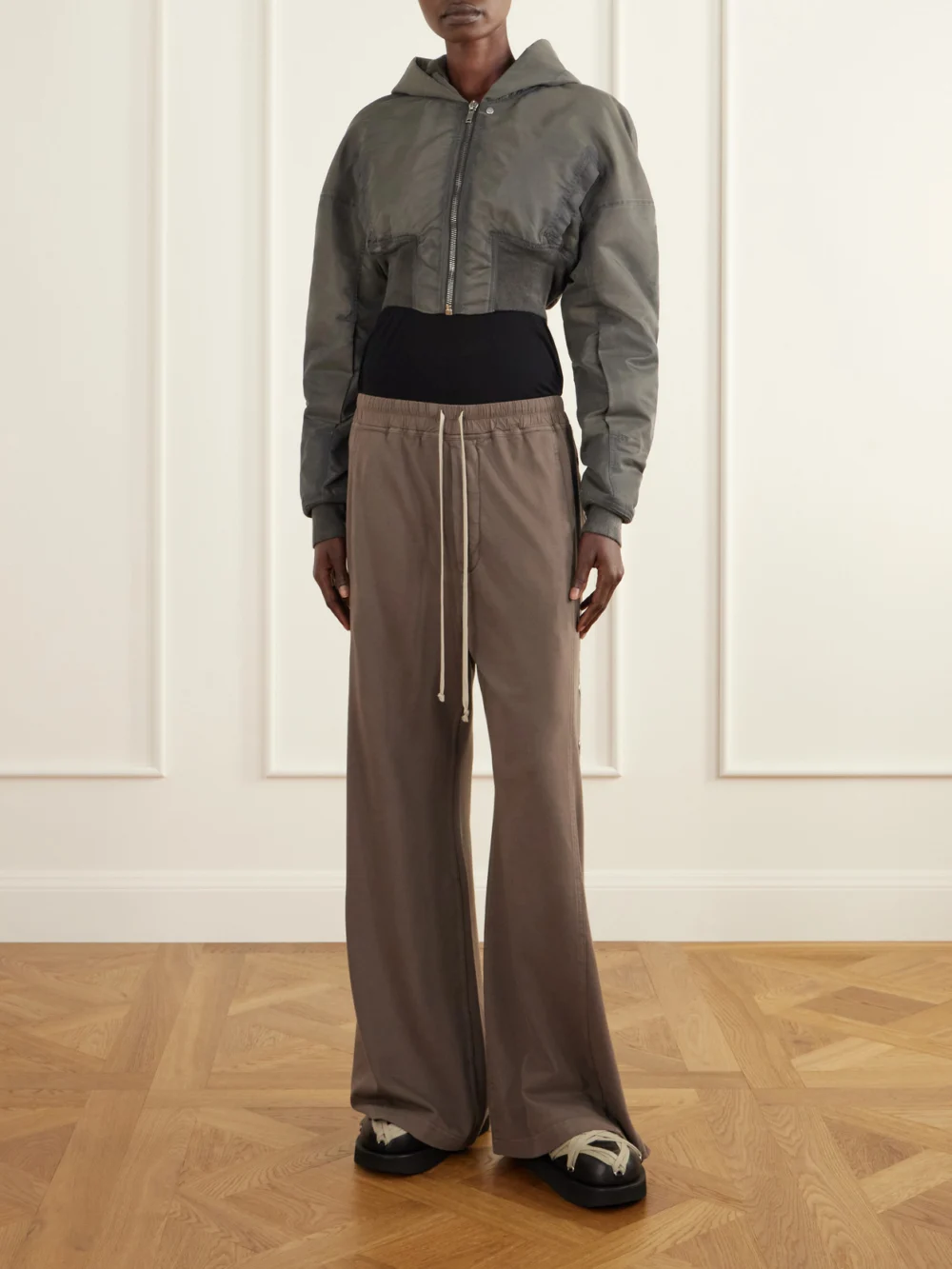 Rick Owens Drkshdw Wide Pusher Cotton-jersey Wide-leg Pants, worn by a model