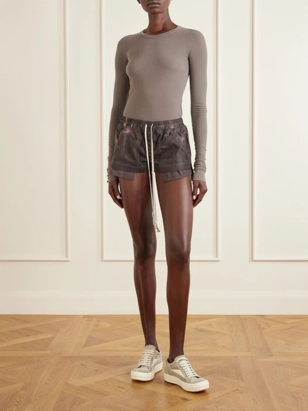 Rick Owens Fog Distressed Denim Shorts, worn by a model