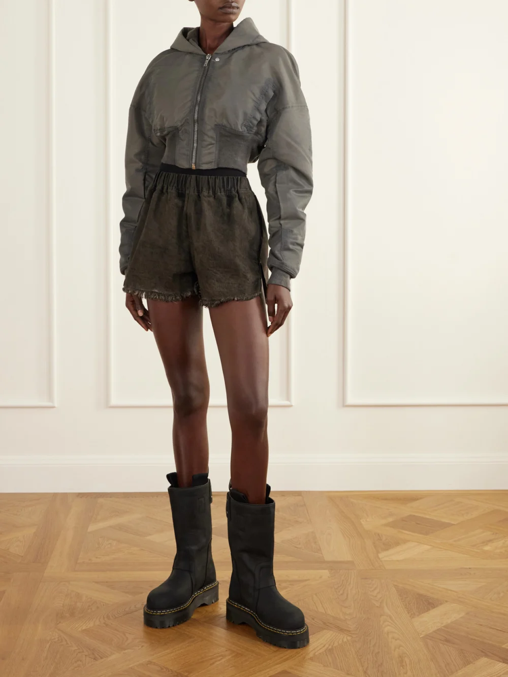 Rick Owens Frayed Denim Shorts, worn by a model
