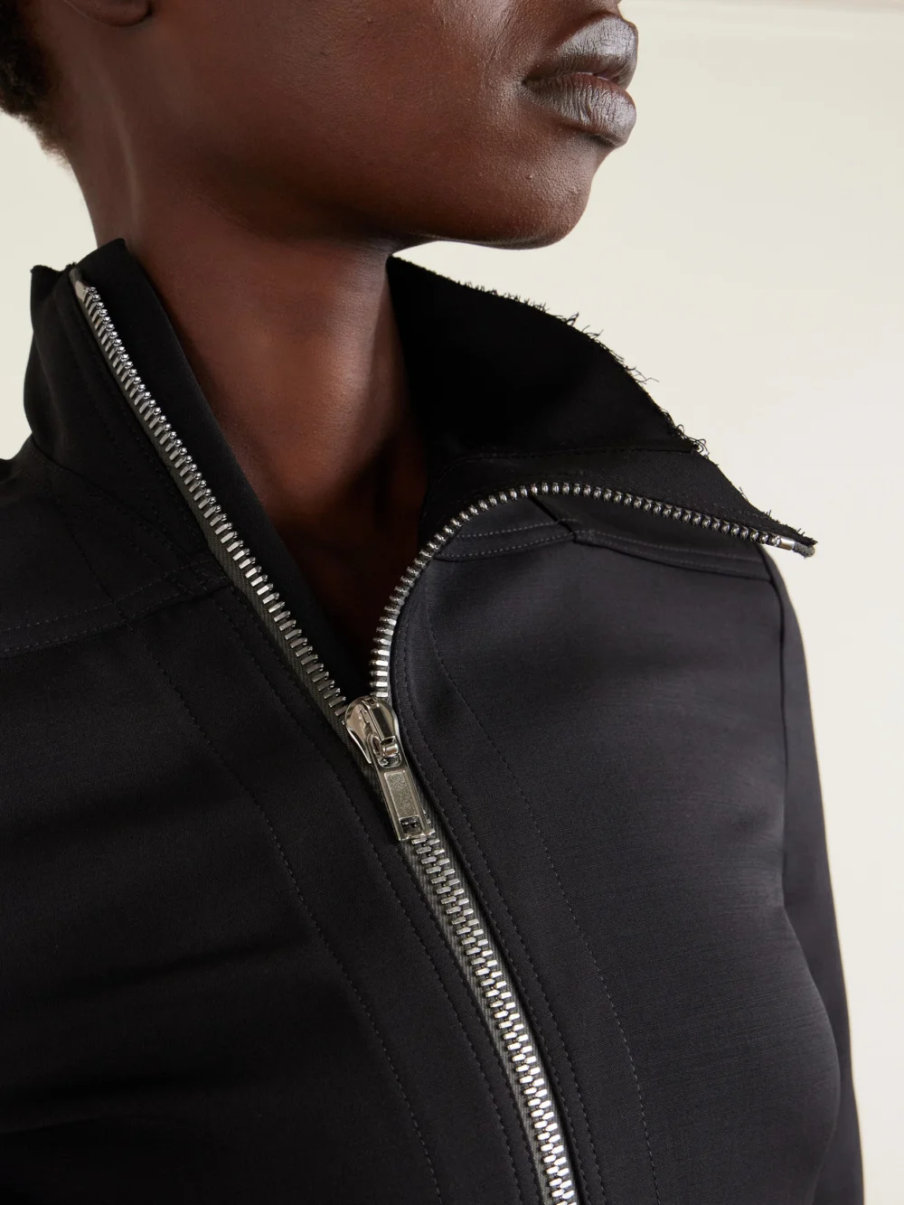 Close-up detail of the Rick Owens Gary Frayed Wool-blend Jersey Jacket