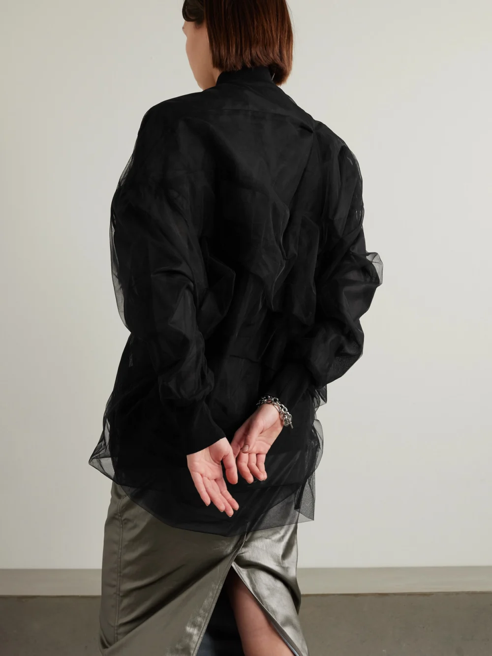 Back view of the Rick Owens Gathered Mesh Bomber Jacket