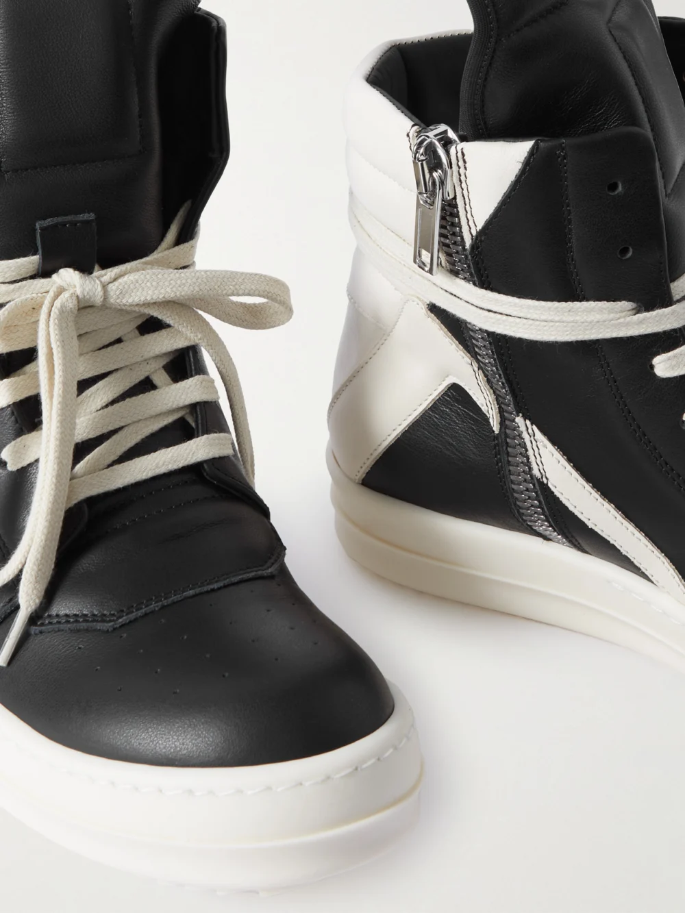Close-up detail of the Rick Owens Geobasket Two-tone Leather High-top Sneakers