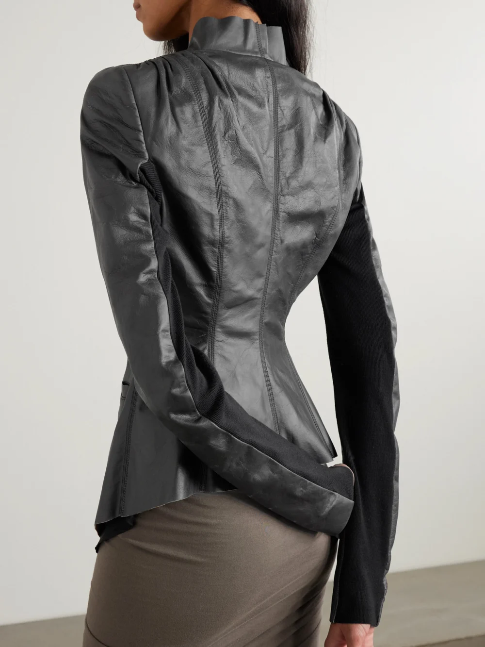 Back view of the Rick Owens Hollywood Grosgrain-trimmed Leather Wrap Jacket