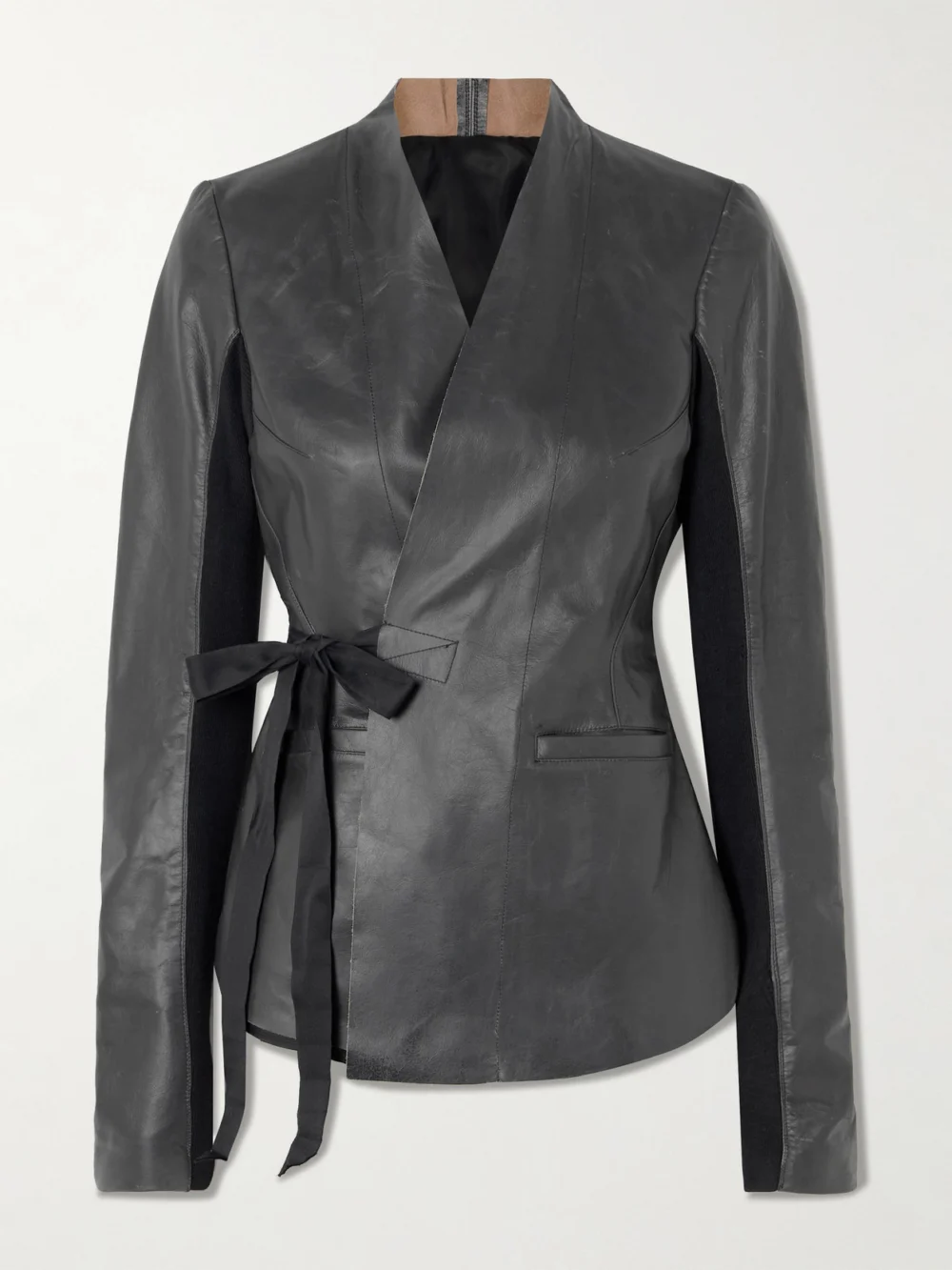Rick Owens Hollywood Grosgrain-trimmed Leather Wrap Jacket in black