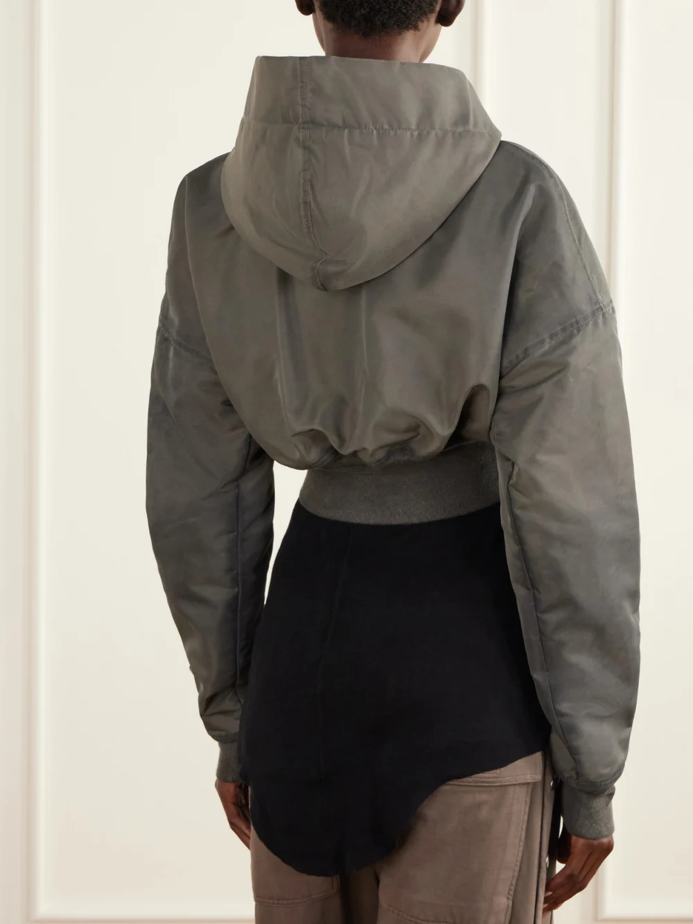 Back view of the Rick Owens Hooded Cropped Padded Shell Jacket