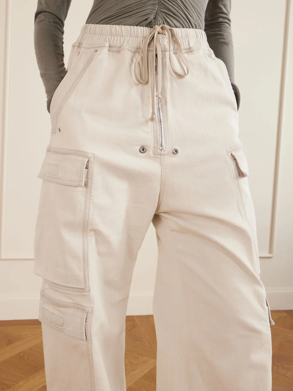 Close-up detail of the Rick Owens Jumbo Belas Cotton-blend Wide-leg Cargo Pants