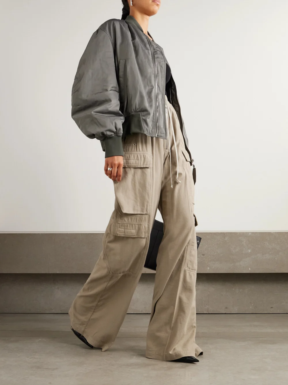 Rick Owens Jumbo Belas Cotton-twill Wide-leg Cargo Pants, worn by a model