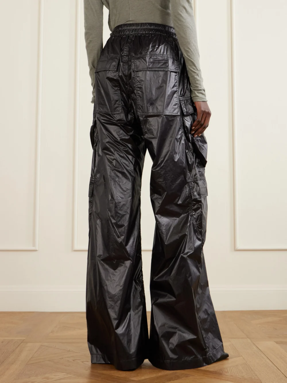 Back view of the Rick Owens Jumbo Belas Shell Wide-leg Cargo Pants