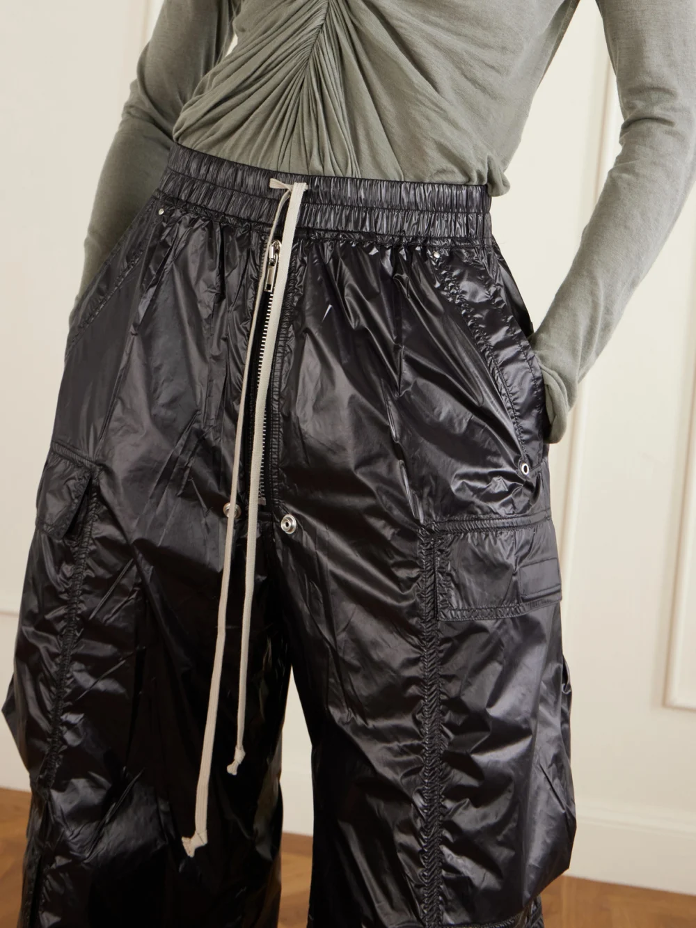 Close-up detail of the Rick Owens Jumbo Belas Shell Wide-leg Cargo Pants