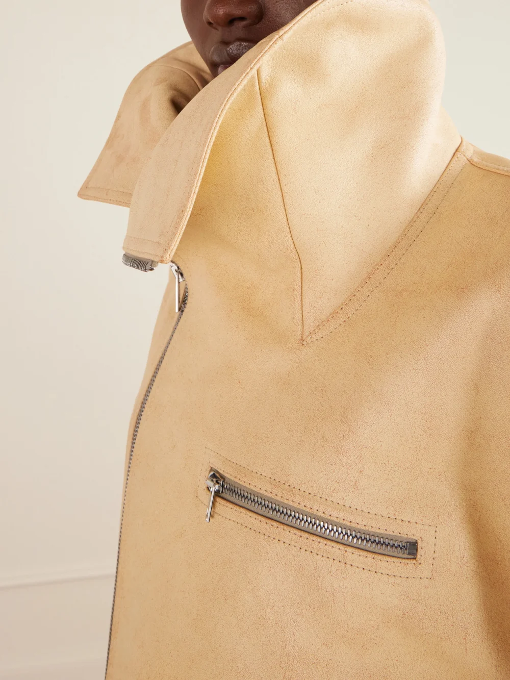 Close-up detail of the Rick Owens Leather Biker Jacket
