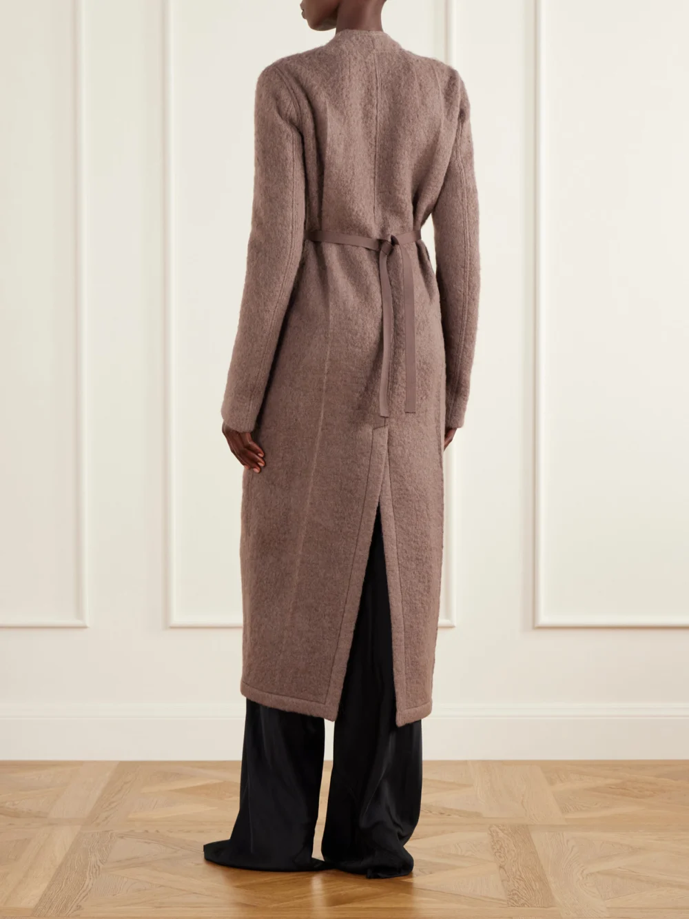 Back view of the Rick Owens Leather-trimmed Brushed Alpaca and Wool-blend Wrap Coat