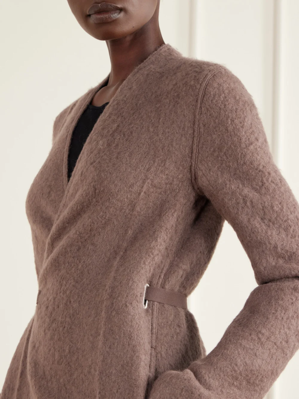 Close-up detail of the Rick Owens Leather-trimmed Brushed Alpaca and Wool-blend Wrap Coat