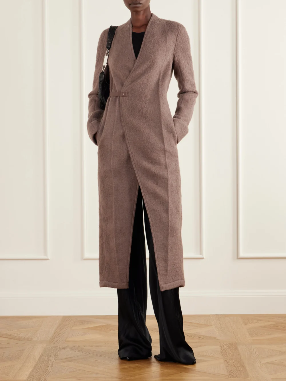 Rick Owens Leather-trimmed Brushed Alpaca and Wool-blend Wrap Coat, worn by a model