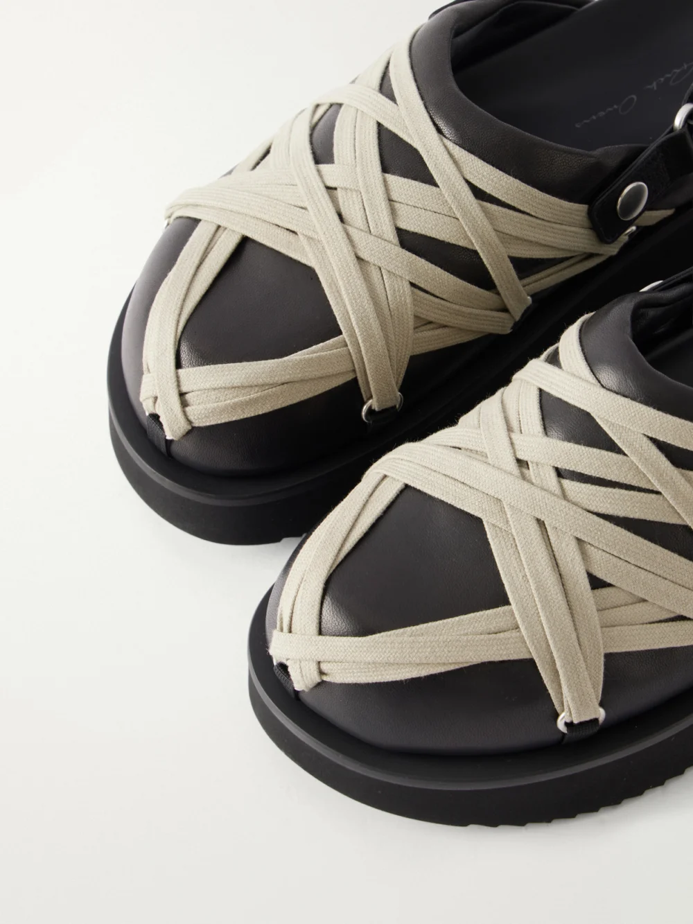 Close-up detail of the Rick Owens Megalace Platform Leather Mules