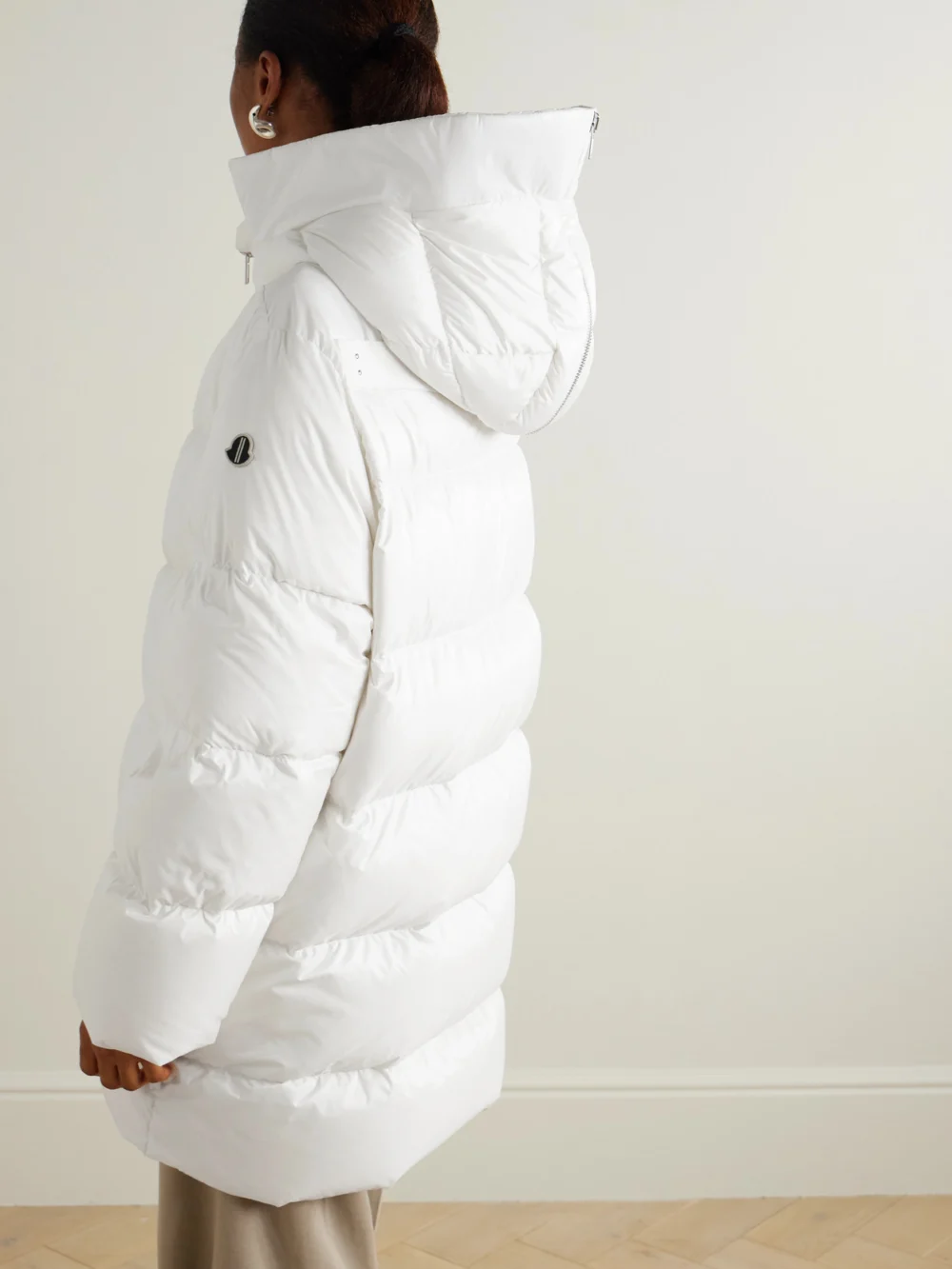 Back view of the Rick Owens + Moncler Cyclopic Oversized Hooded Appliquéd Quilted Shell Down Jacket