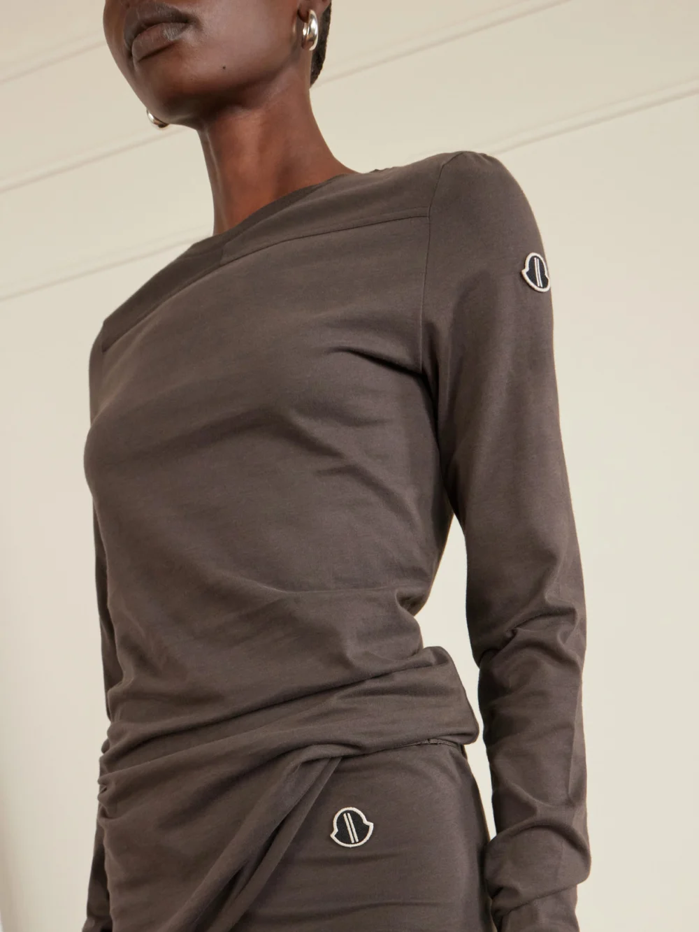 Close-up detail of the Rick Owens + Moncler Girder Appliquéd Cotton-jersey T-shirt
