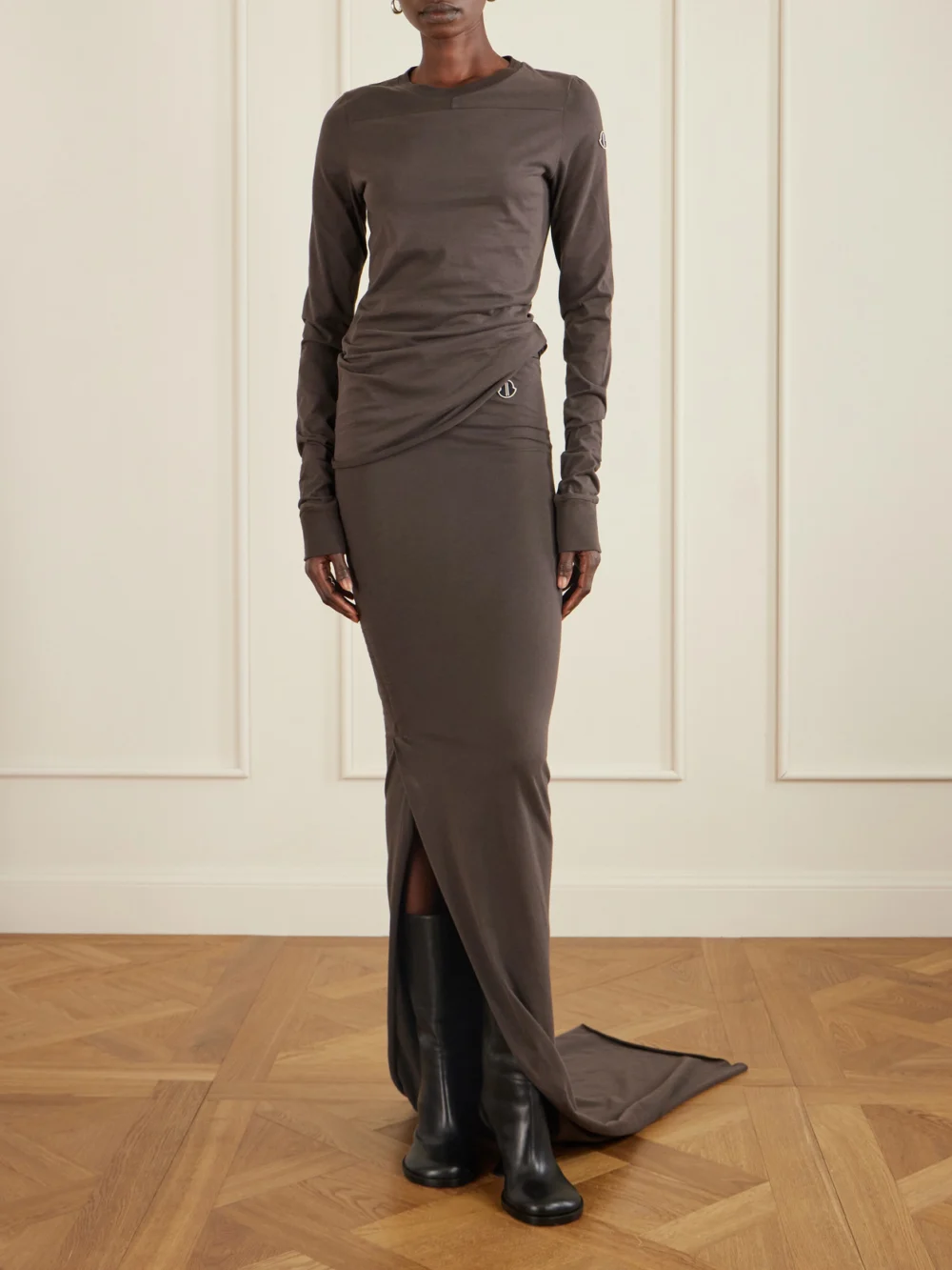 Rick Owens + Moncler Girder Appliquéd Cotton-jersey T-shirt, worn by a model