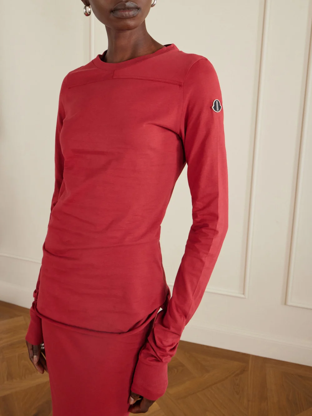 Close-up detail of the Rick Owens + Moncler Girder Appliquéd Cotton-jersey T-shirt