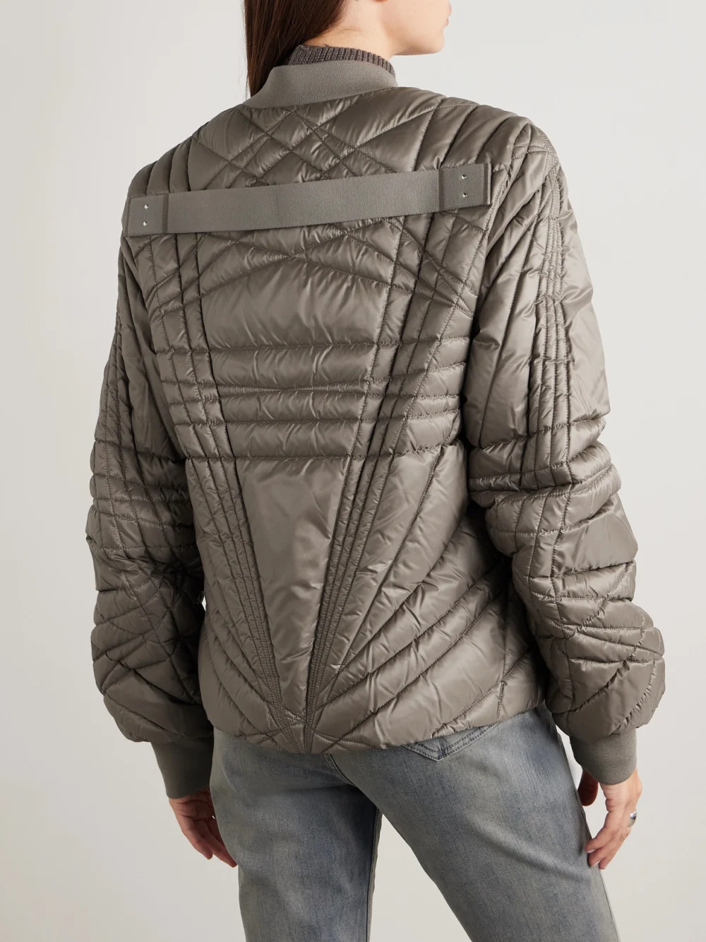 Back view of the Rick Owens + Moncler Megapenta Quilted Shell Down Jacket