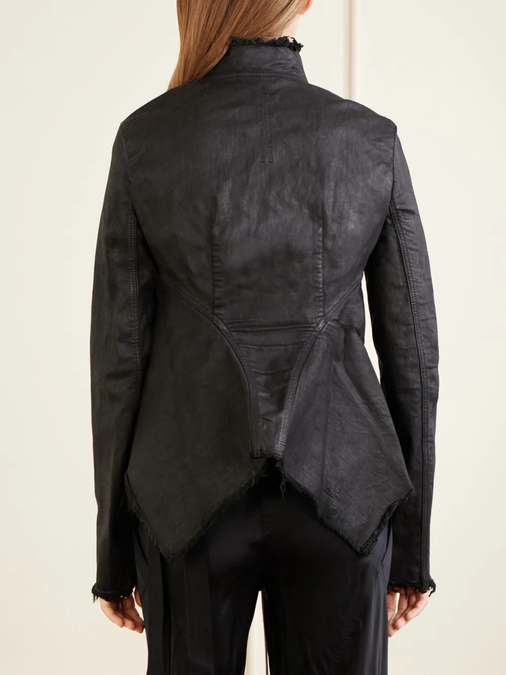 Back view of the Rick Owens Naska Gary Distressed Waxed Denim Jacket