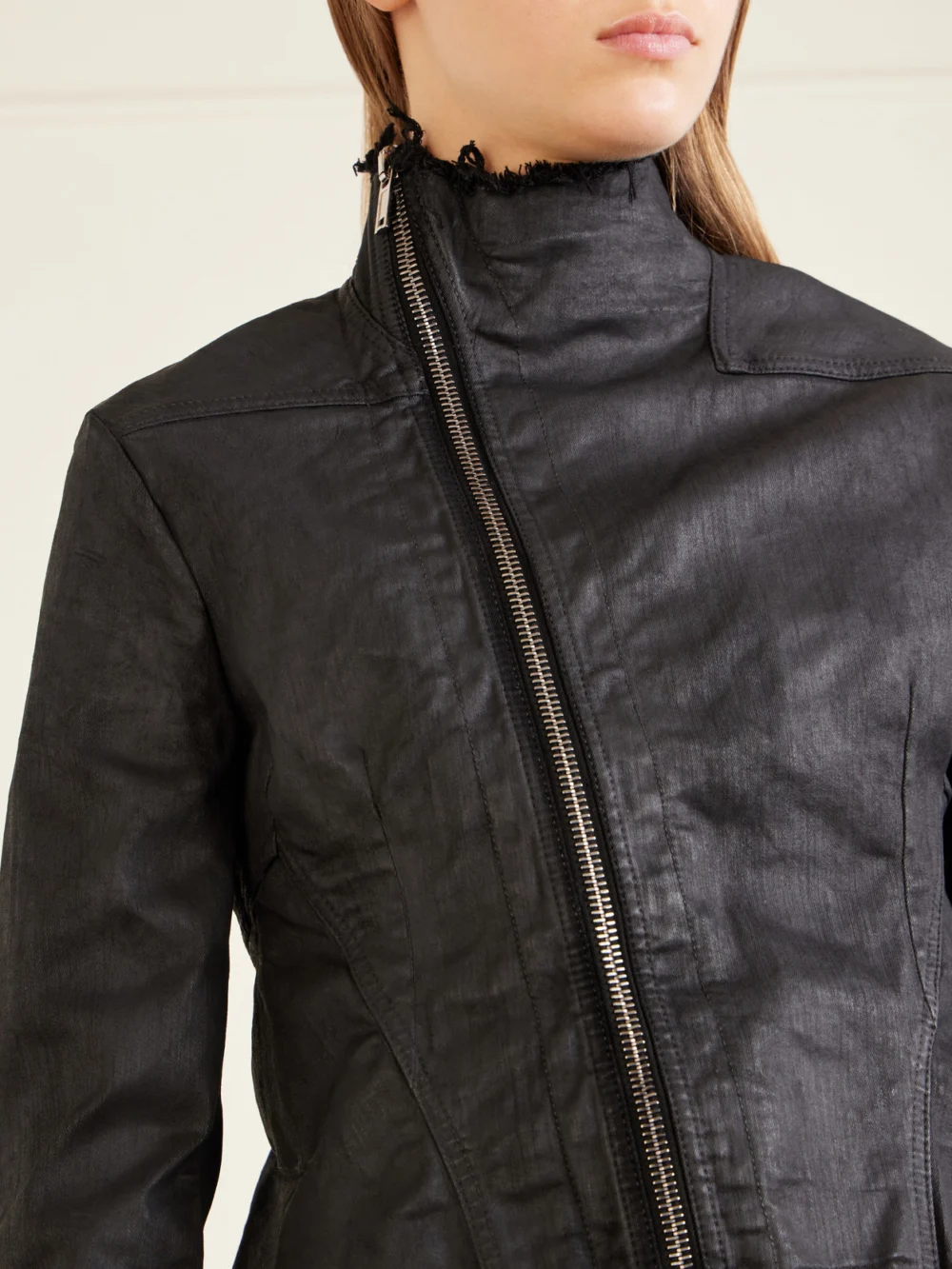 Close-up detail of the Rick Owens Naska Gary Distressed Waxed Denim Jacket