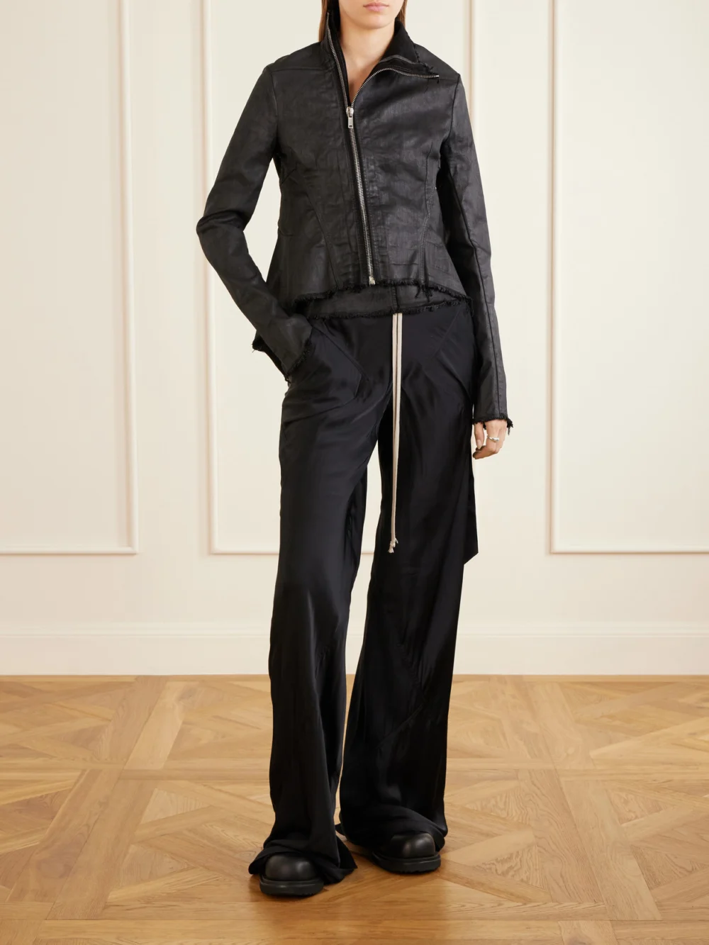 Rick Owens Naska Gary Distressed Waxed Denim Jacket, worn by a model