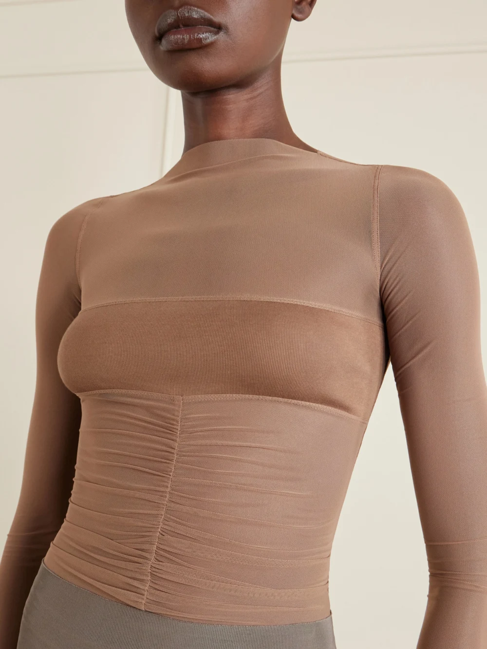 Close-up detail of the Rick Owens Ruched Stretch-mesh T-shirt