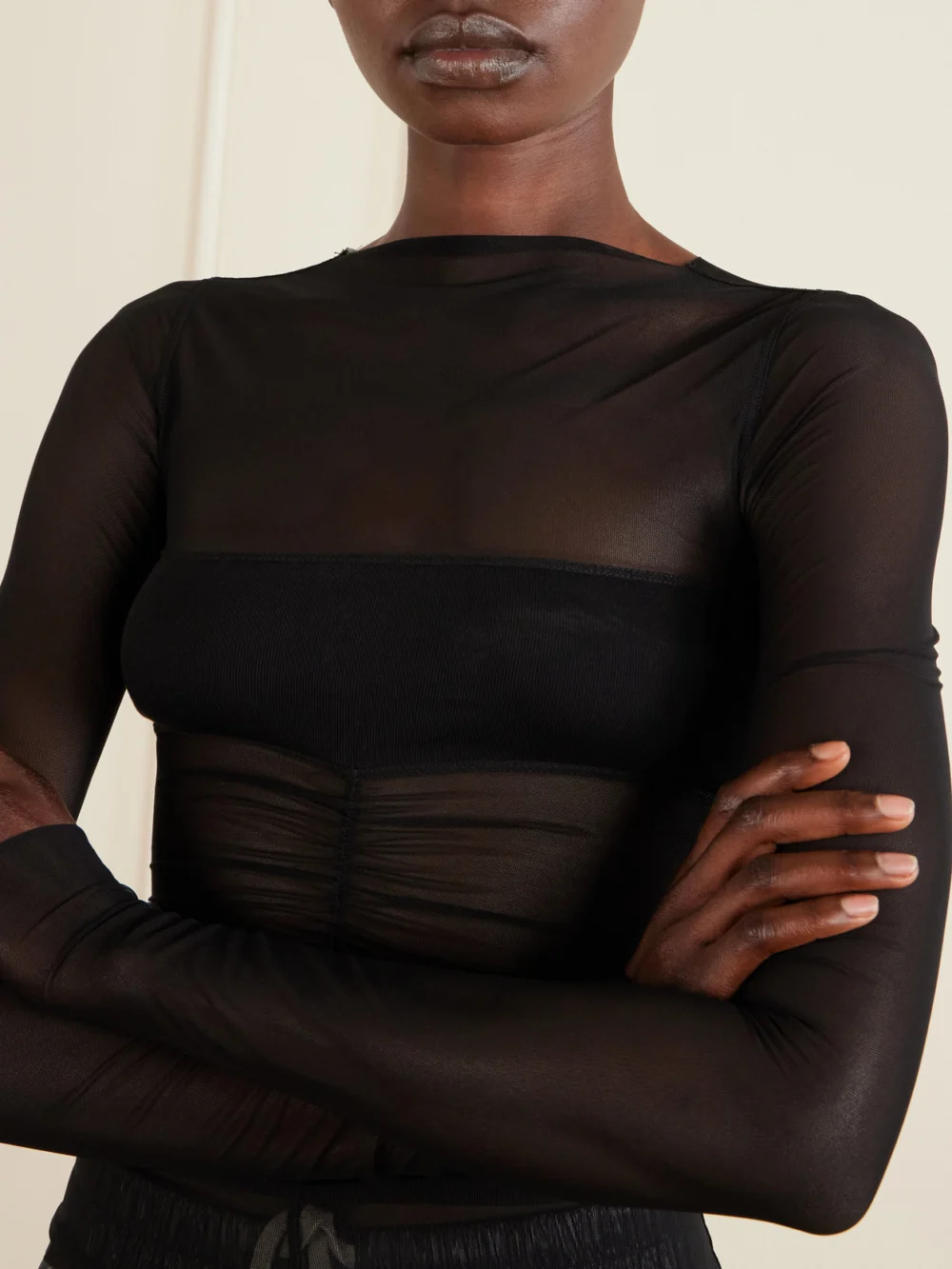 Close-up detail of the Rick Owens Ruched Stretch-mesh T-shirt