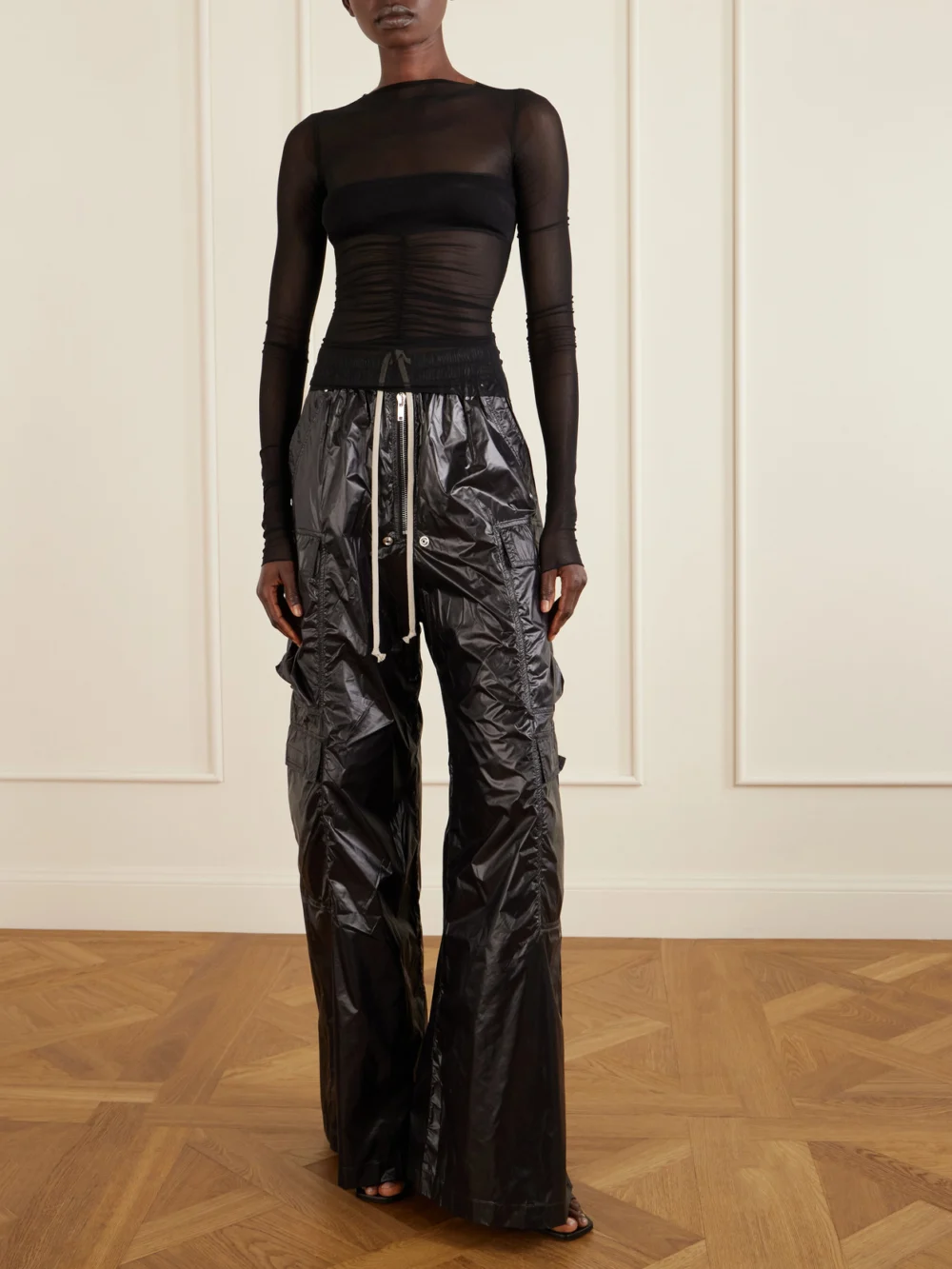 Rick Owens Ruched Stretch-mesh T-shirt, worn by a model