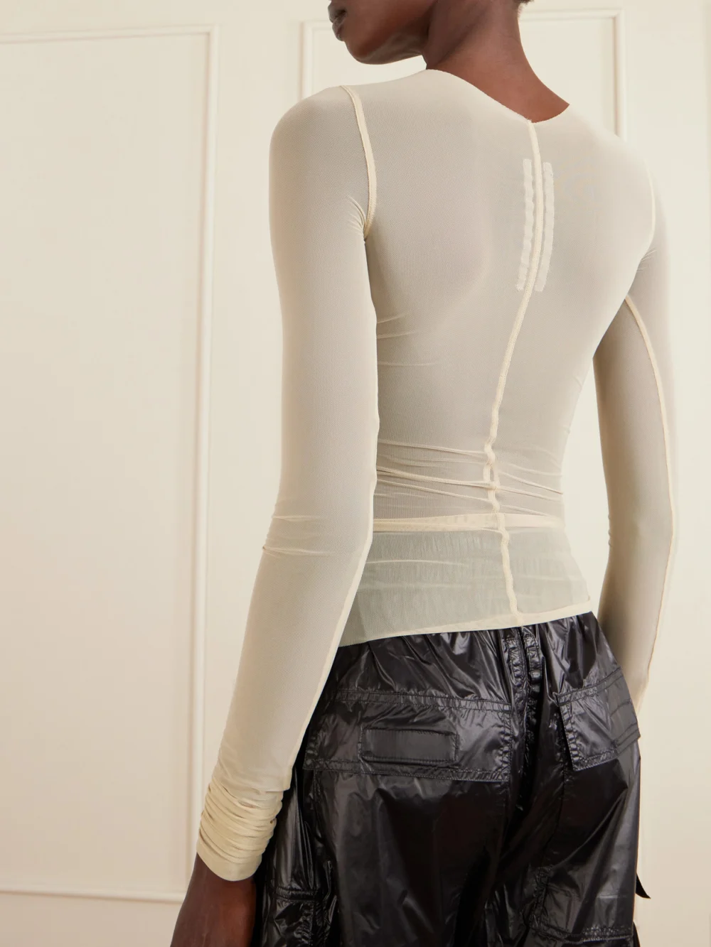 Back view of the Rick Owens Ruched Stretch-mesh T-shirt