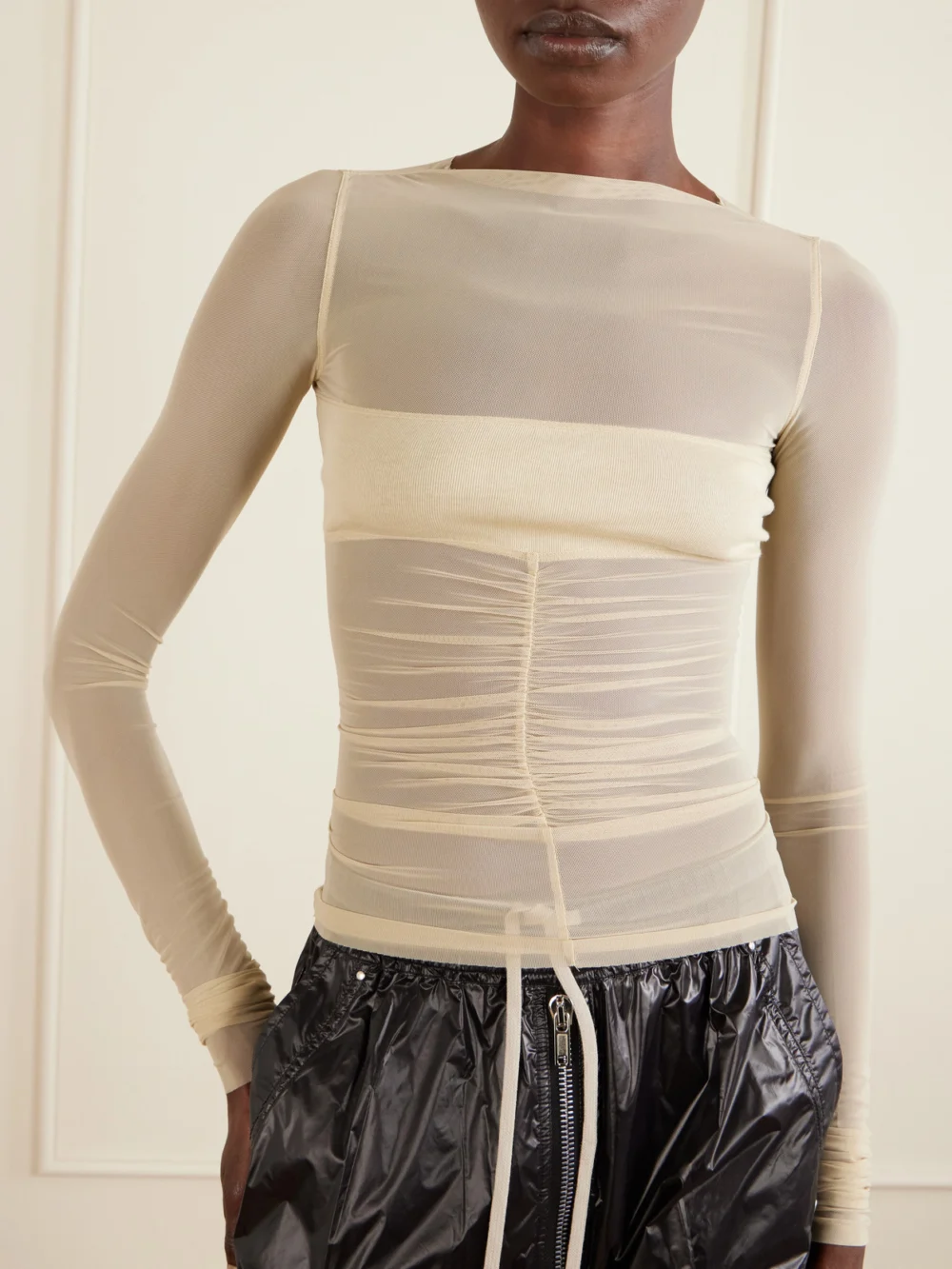 Close-up detail of the Rick Owens Ruched Stretch-mesh T-shirt