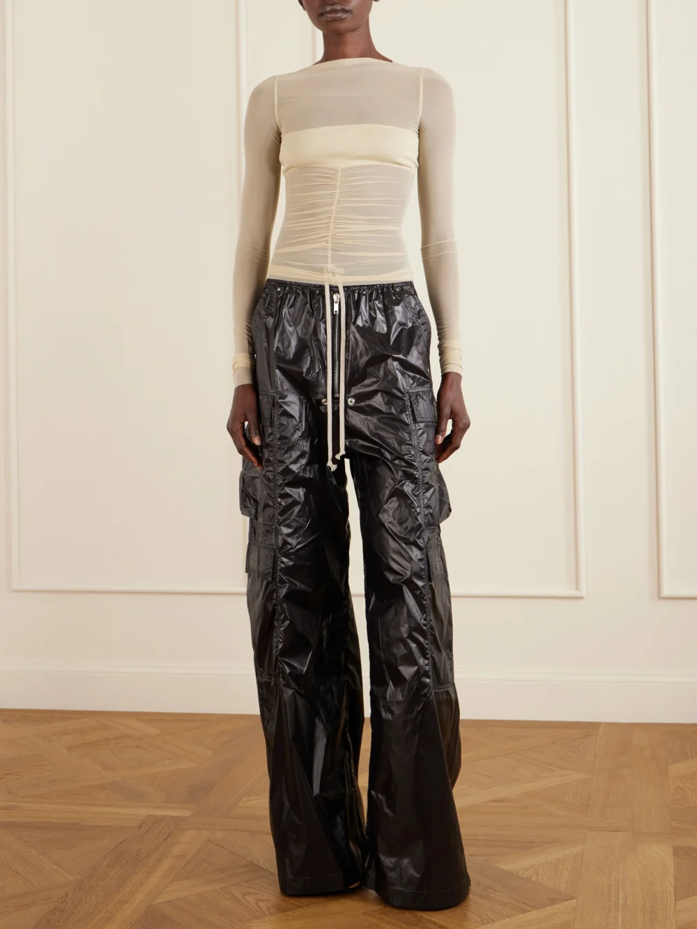 Rick Owens Ruched Stretch-mesh T-shirt, worn by a model