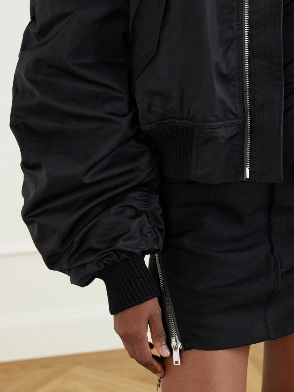 Close-up detail of the Rick Owens Secchia Padded Cropped Cotton-blend Bomber Jacket