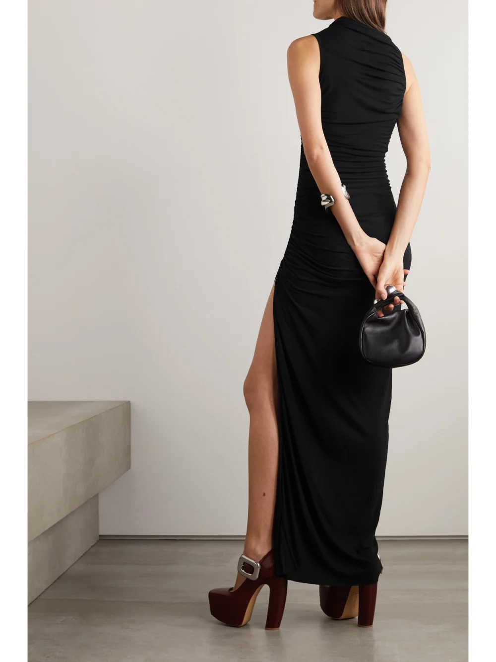 Back view of the Rick Owens Svita Ruched Jersey Maxi Dress